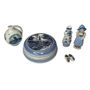 Delft Vintage Blue Holland Dutch Figurines Antique Trinket Box Girls Clogs